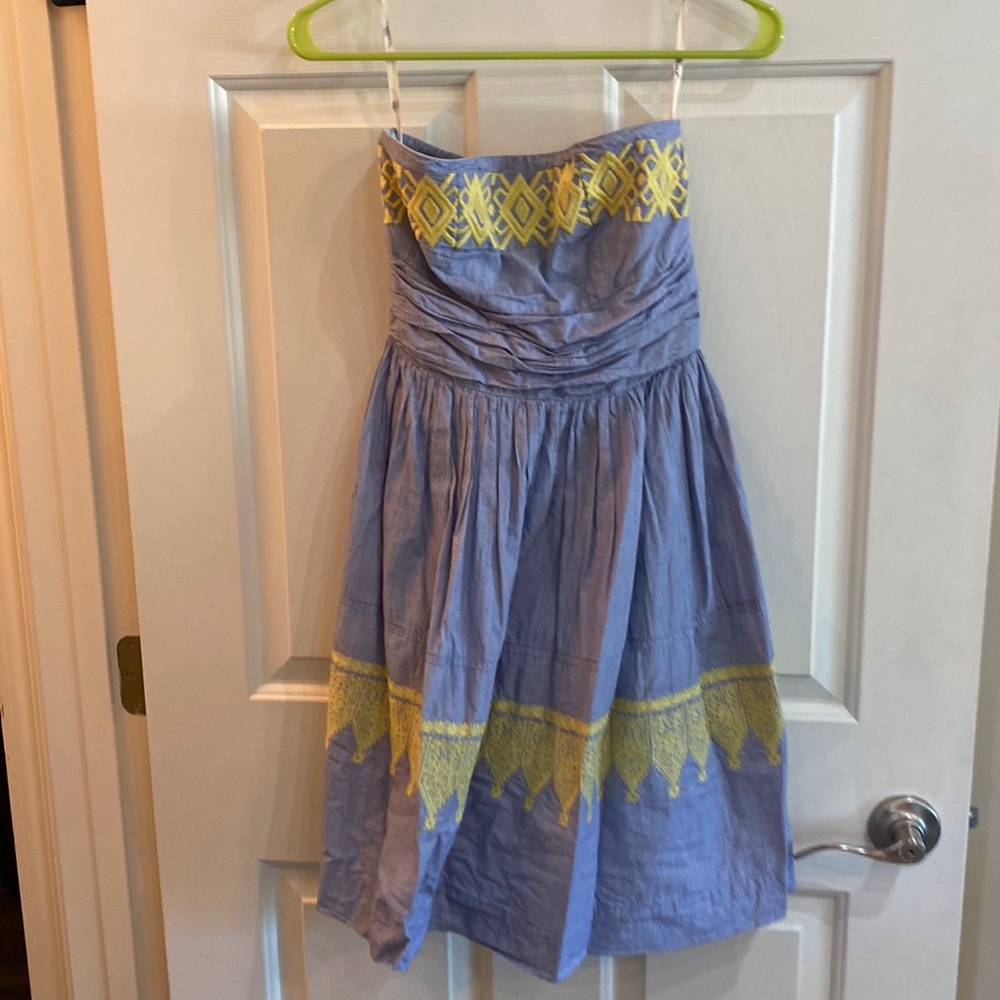 THML light blue Strapless Dress with Yellow Embroidered Trim